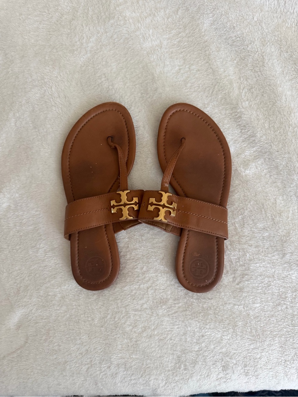 Tory Burch Brown Leather Logo Thong Sandals with Gold Hardware
